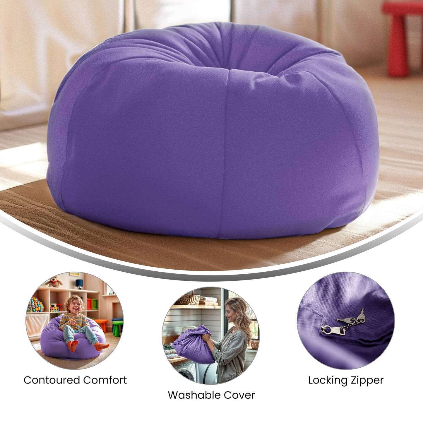 Flash Furniture Dillon Small Bean Bag Chair for Kids and Teens, Foam-Filled Beanbag Chair with Machine Washable Cover, Purple