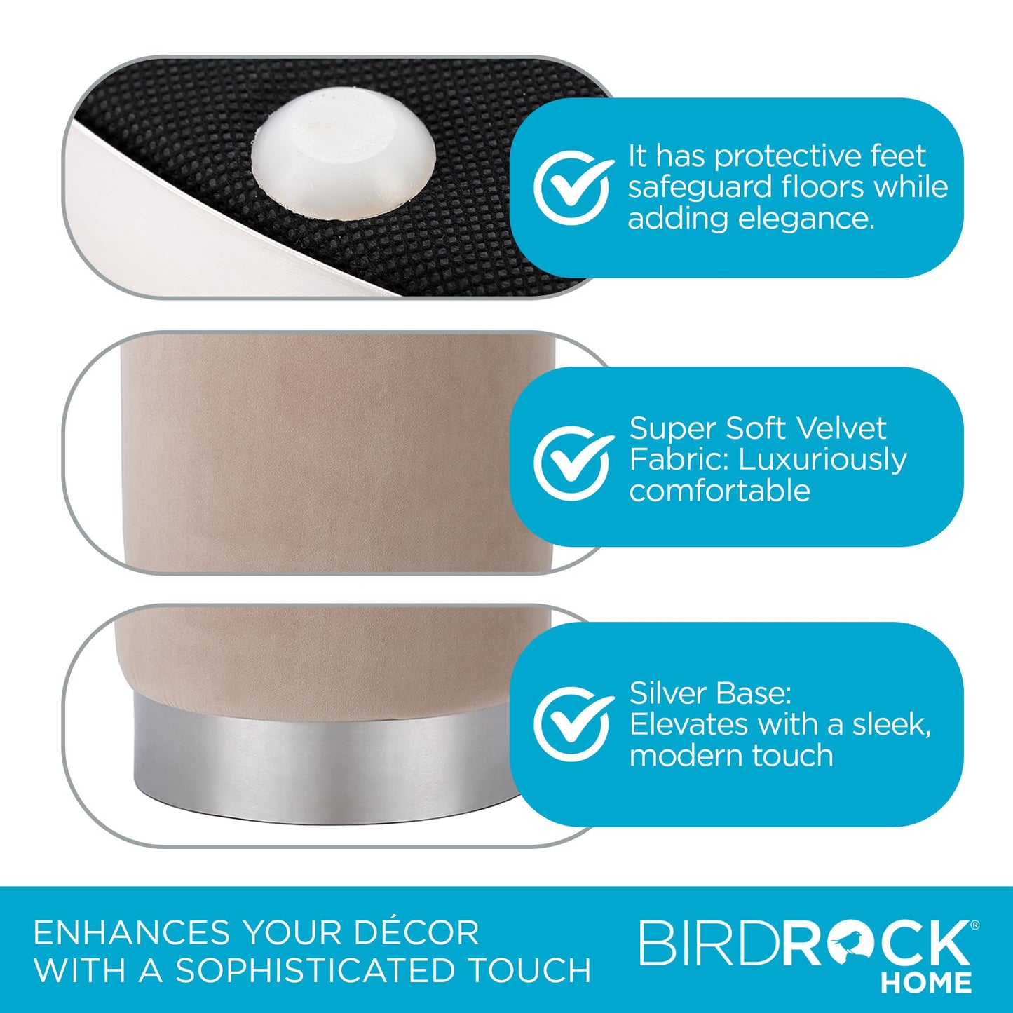 BIRDROCK HOME Round Ottoman Foot Stool – Modern Soft Padded Velvet Vanity Chair with Silver Metal Trim – Accent Chair or Foot Rest for Living Room, Bedroom, or Dressing Room (Taupe)