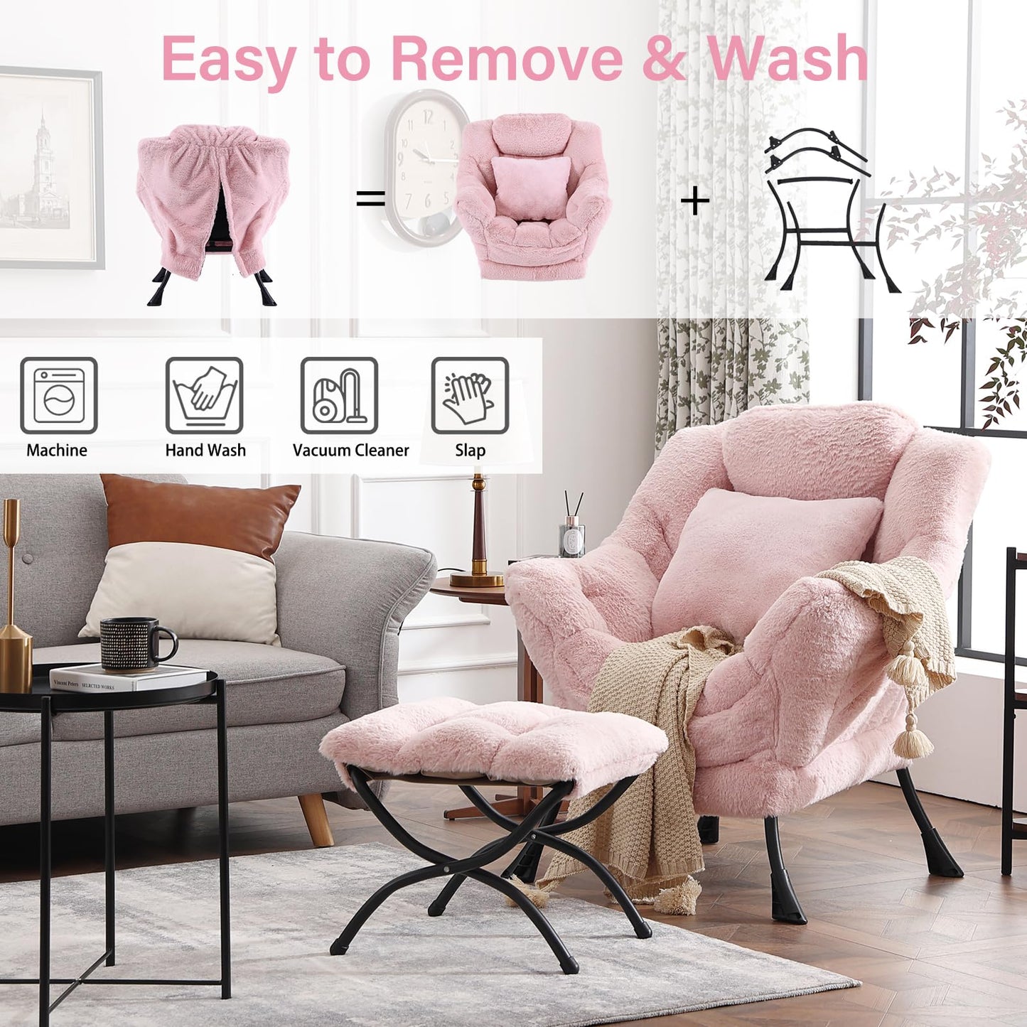 HomEastlly Lazy Chair with Ottoman, Large Pink Accent Chair with Ottoman and FA Throw Pillow, Comfy Plush Reading Chair for Living Room Bedroom Dorm Room Office Apartment Relaxing Use