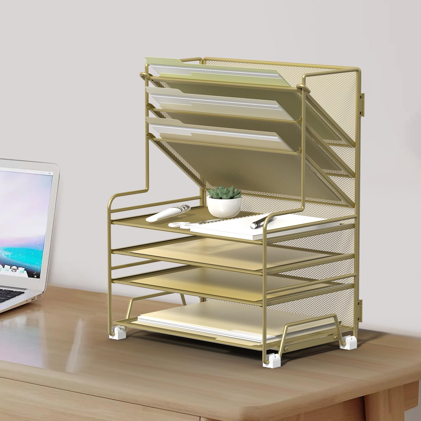 MINDEPOT 4-Tier Paper Organizer + 3-Pocket File Holder + Drawer + Pen Holders, Desktop File Organizers Paper Tray for Office Supplies School Classroom Organization (Gold, no Drawer & Pen Holder)