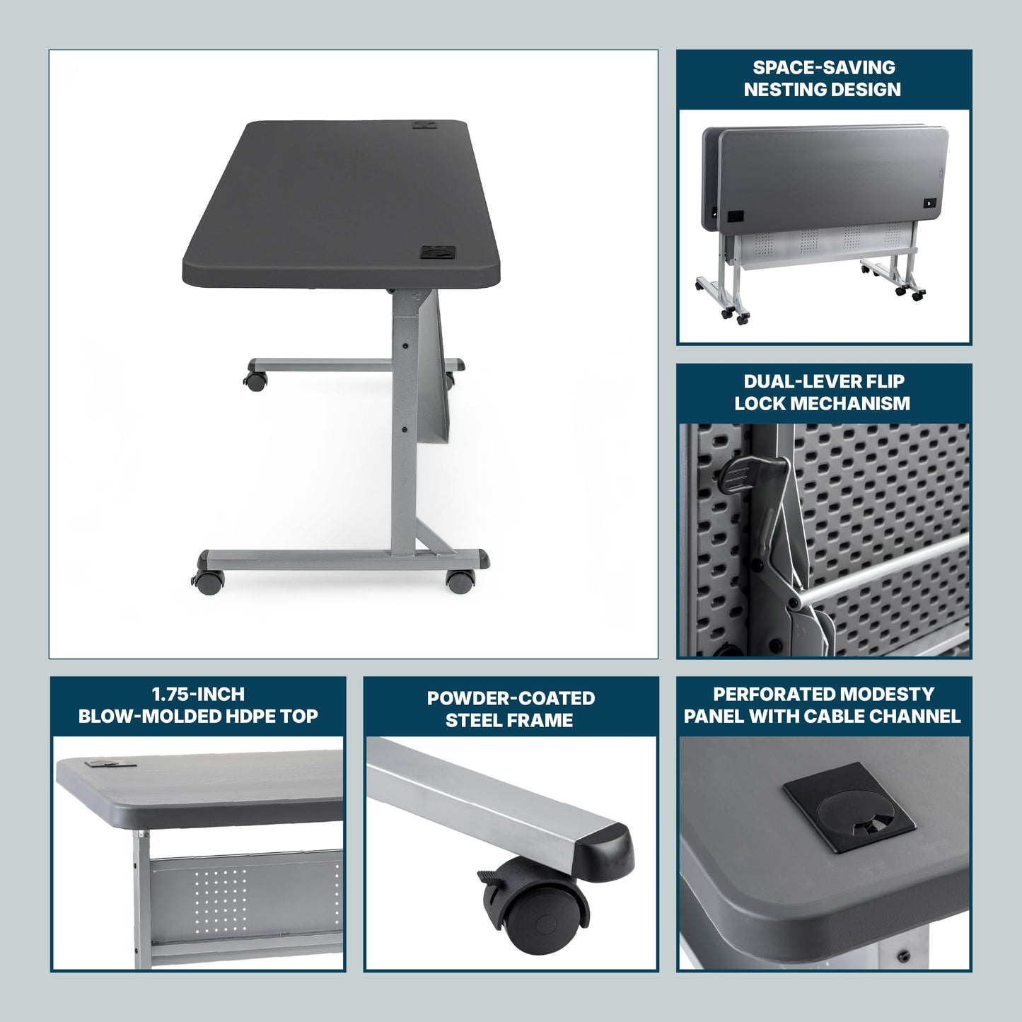 OEF Furnishings OEFBPFT2460-20 Commercial-Grade Premium Industrial Nesting Flip-Top Blow-Molded Training Table with Steel Frame and a 1.75" Thick Surface (24" × 60", Charcoal Slate Top)
