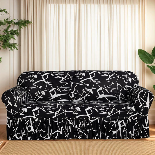 Ausing Printed Armchair Protector Single Sofa Slipcover with Skirt Printed Non-Slip Couch Cover Stretch Furniture Covers for Living Room Black Abstract(35”-55”)