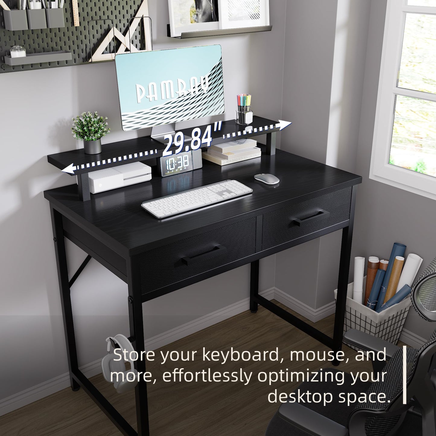 Pamray 32 Inch Small Computer Desk with Monitor Stand Home Office Desks with 2 Drawers for Bedroom Study Writing and Work Table for Small Spaces White