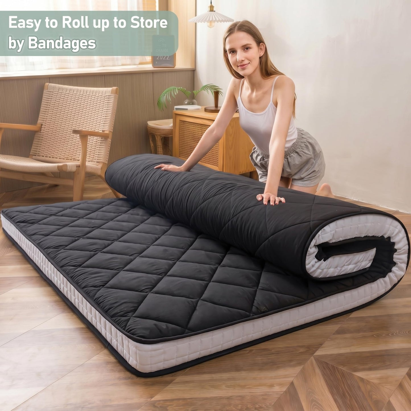 MAXYOYO Japanese Floor Futon Mattress Full Size, Floor Futon for Adults, Roll Up Folding Mattress, Diamond Patterned Japanese Futon Mat, Black