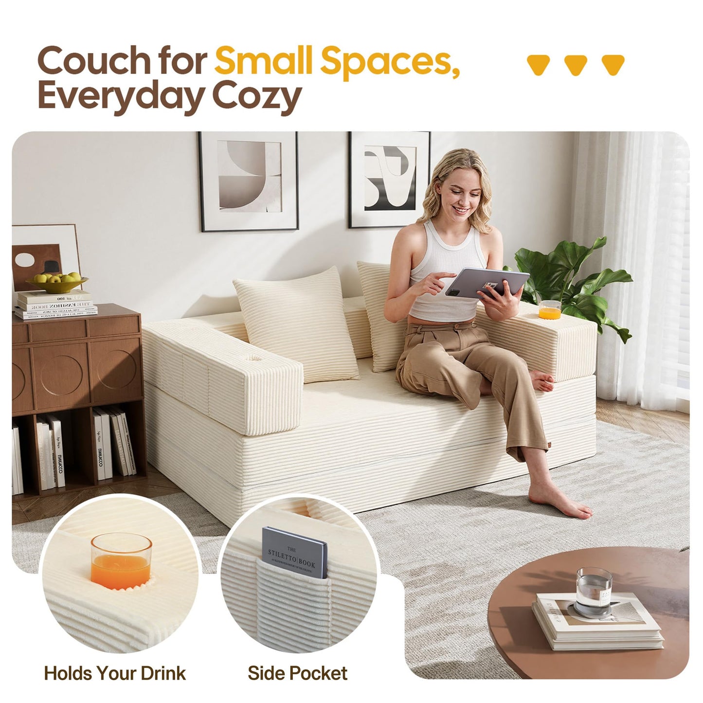 COMAX Futon Sofa Bed, 4‑in‑1 Convertible Sofa Bed, Folding Boneless Couches for Living Room, Fold Out Small Foldable Loveseat Floor Sleeper Comfy Mattress Lounge Space‑Saving, Beige