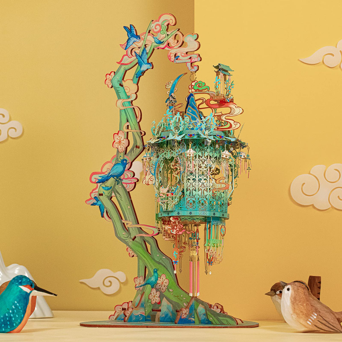 MU 3D Metal Puzzles for Adult Lucky Magpie Palace Chinese Style Birdcage Miniature Building,DIY Metal Model Kits Building Birds and Flower Castle DIY Sets Gift