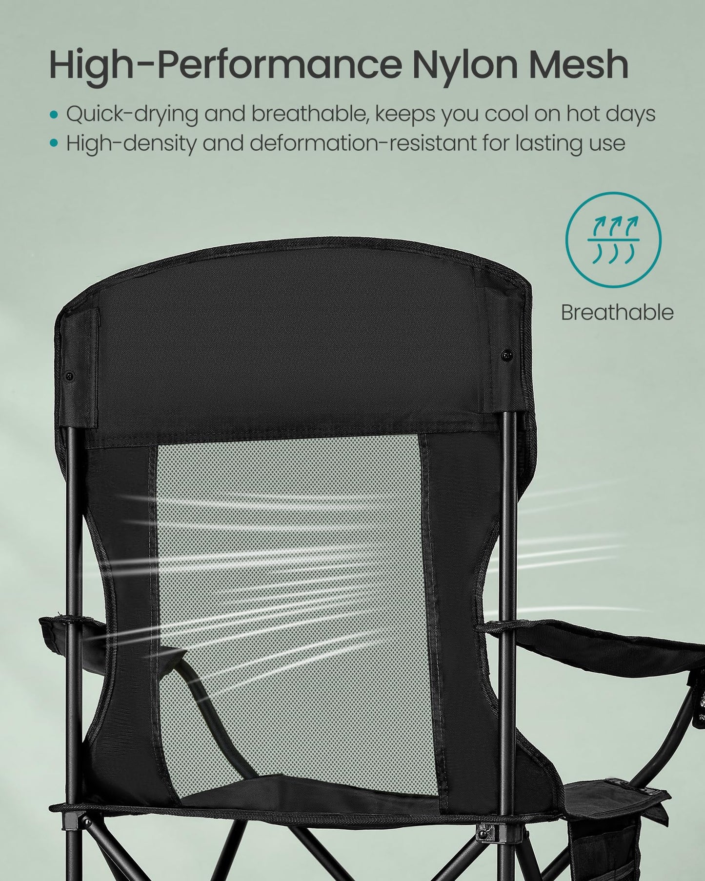 SONGMICS 2 Pack Breathable Camping Chairs, 330 lb Capacity Foldable Outdoor Chairs, High Back, Adjustable Armrests & Cup Holder, for Sports Garden Backyard, Ink Black UGCB028B02