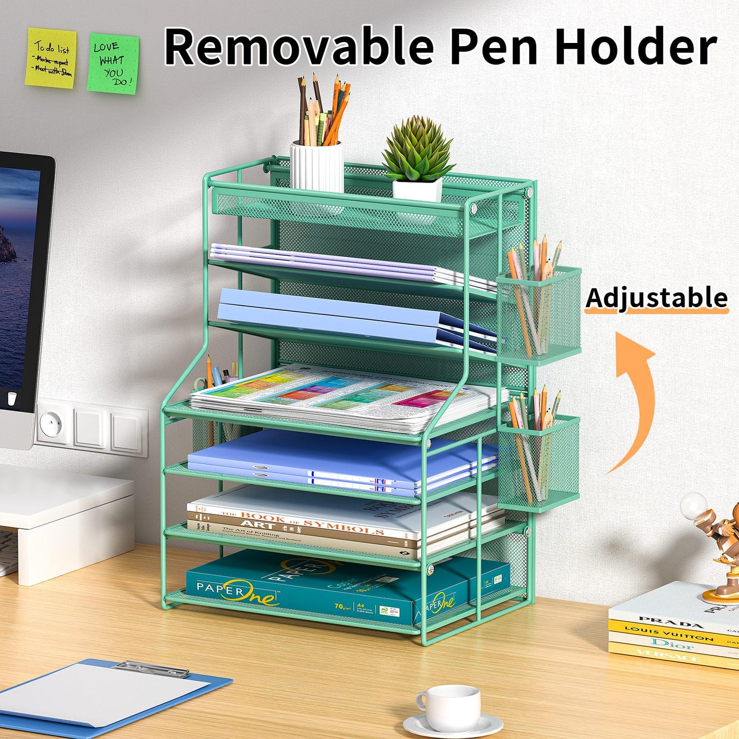 handimp Green 7 Tier Office File Organizer, Letter Tray Paper Organizer with Pen Holder and Metal Hanging Basket, Vertical Desktop File Holder for Home Office Organization