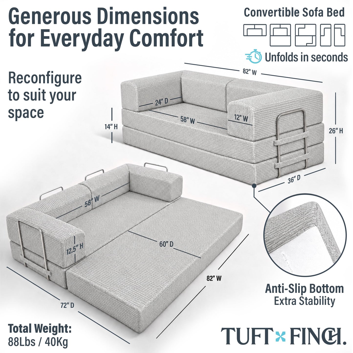 Boneless Couch Sofa Bed - 82" Modular Corduroy Convertible Sleeper Sofa for Living Room – 3 Seater Folding Couch Bed, Pet-Friendly Removable Washable Covers, CertiPUR-US Foam | Tuft&Finch - Light Grey