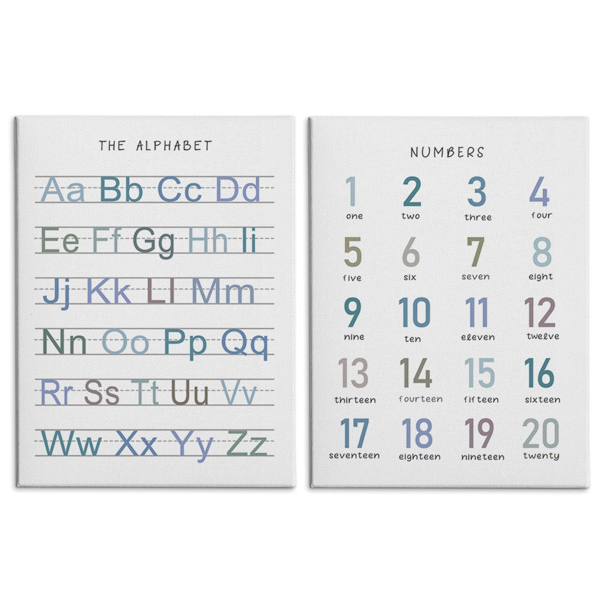 HRQKO Alphabet Numbers Nursery Canvas Wall Art Set of 2, Kids Room Decor Framed Art, Blue ABC Numbers Educational Posters Wall Decor for Classroom Toddler Kids Nursery Bedroom Playroom, 11x14 inch