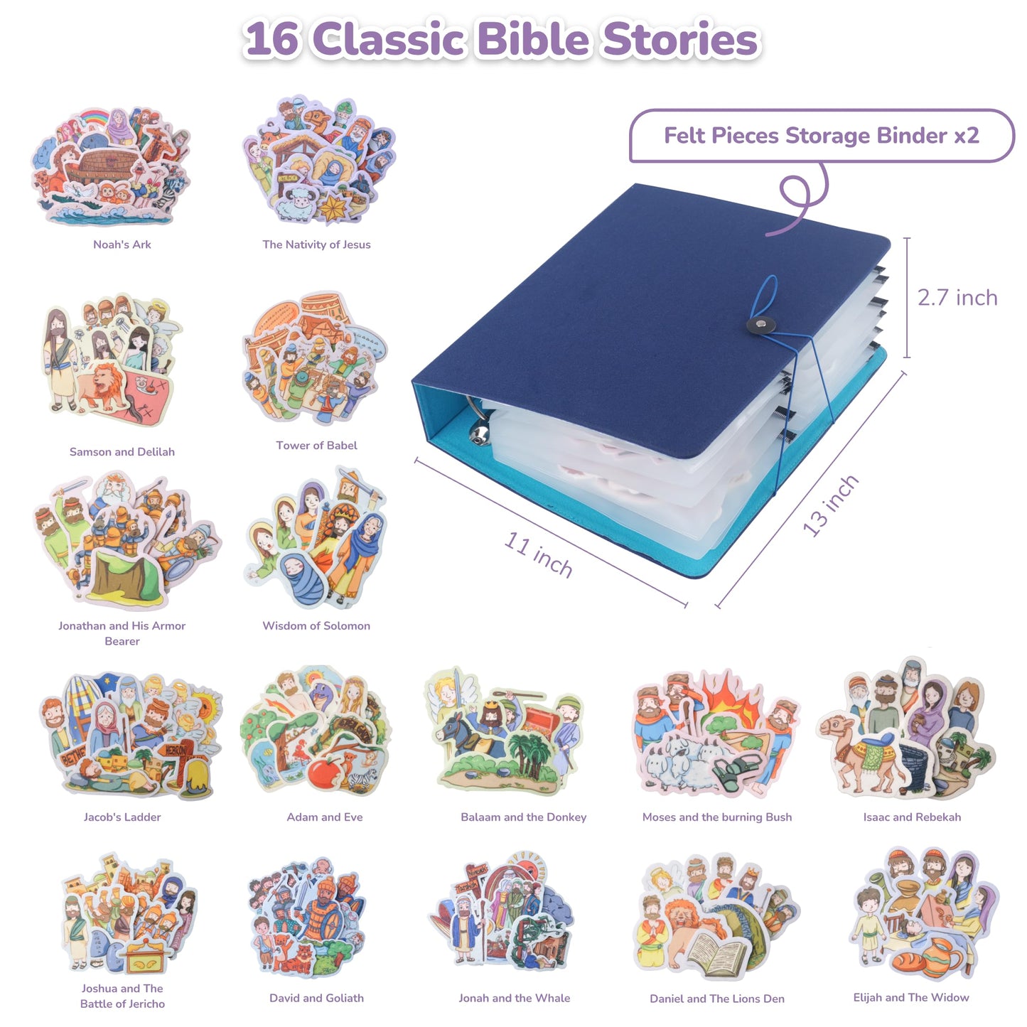 CHEFAN 16 Pack Felt Board Bible Stories Set, Flannel Board Stories with a Multi-functional Felt Pieces Storage Binder for Preschool Activities, Included Noah's Ark, Adam and Eve, The Nativity of Jesus
