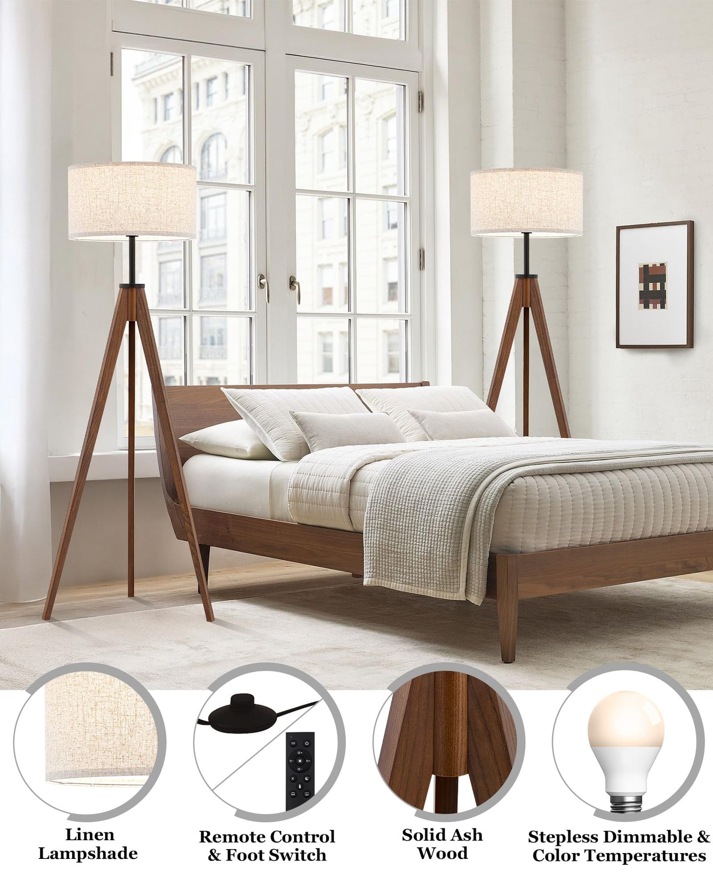 ELYONA Ash Wood Tripod Floor Lamp Stepless Dimmer & Color Temperature, Remote Control Mid Century Modern Coner Standing Lamp Linen Shade for Living Room Bedroom Office, LED Bulb Included, Walnut