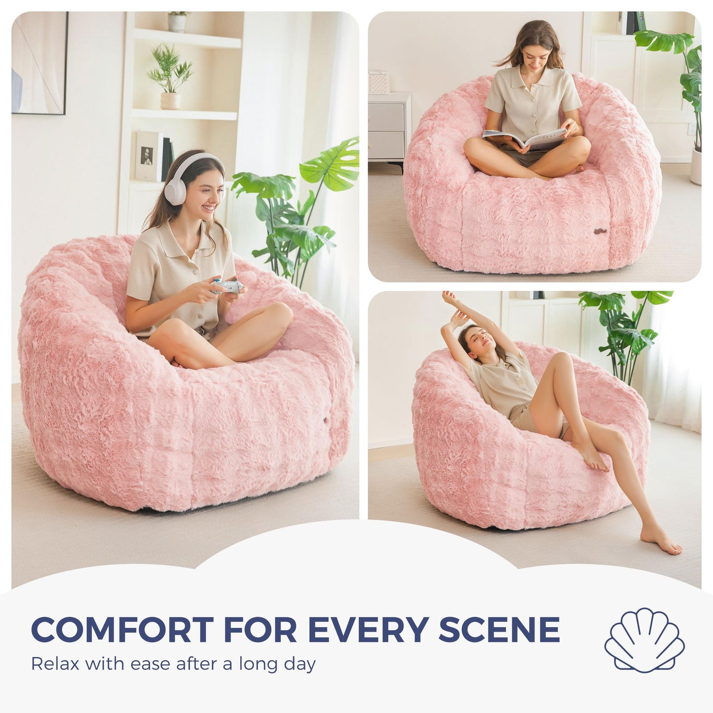 MAXYOYO Giant Bean Bag Chair for Adults, Stuffed Shell-Shaped Large Bean Bag Couch, Cozy Living Room Chair with Filler, Lazy Floor Sofa for Bedroom Living Room, Pale Pink