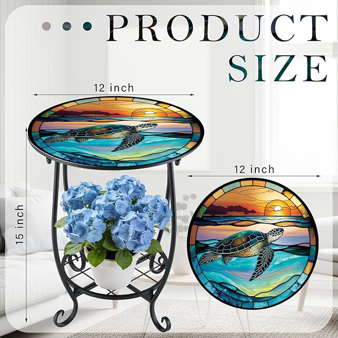 Cinnvoice Outdoor Side Table Round Small Mosaic Patio Accent Indoor End Plant