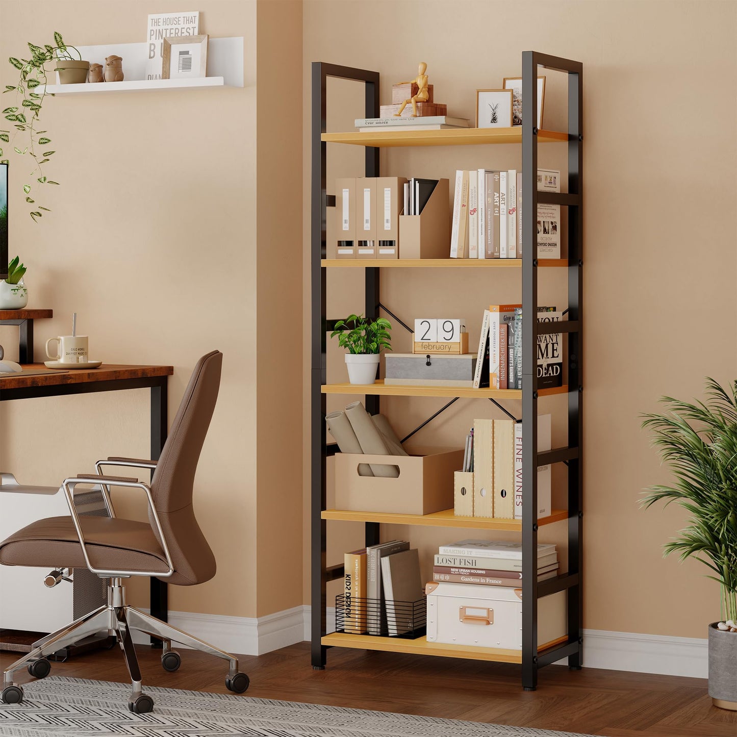 DUMOS 5-Tier Bookshelf, Modern Tall Bookcase, Open Storage Display Shelf for Living Room, Bedroom, Home Office, Narrow Standing Shelving Unit for Books, CDs, Décor，Wood
