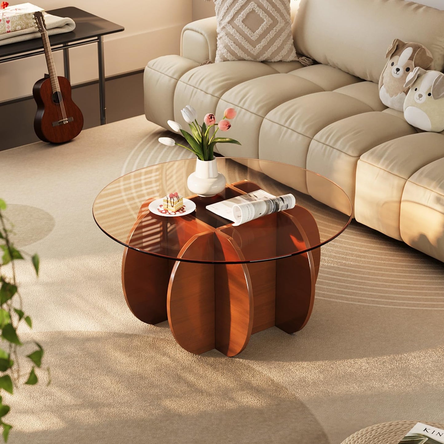 JCAJCA Coffee Table for Living Room Mid Century Modern Round Center Table with Glass Top and Wood, Walnut Brown