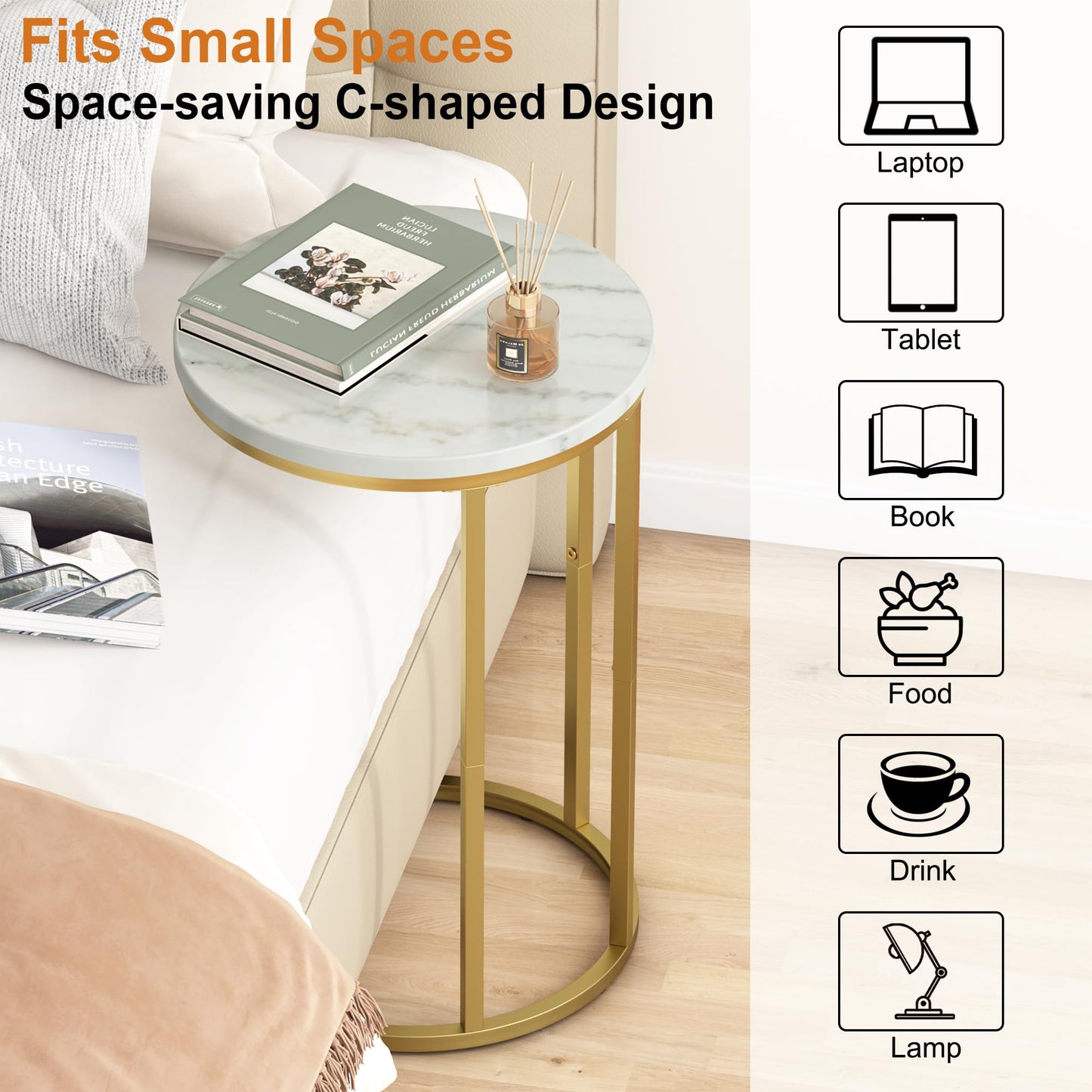 Function Home C Table End Table, Marble C Shaped Sofa Side Table, Couch Tables that Slide Under, Snack Accent Table for Living Room Bedroom Small Space, Marble Top and Gold Metal Frame