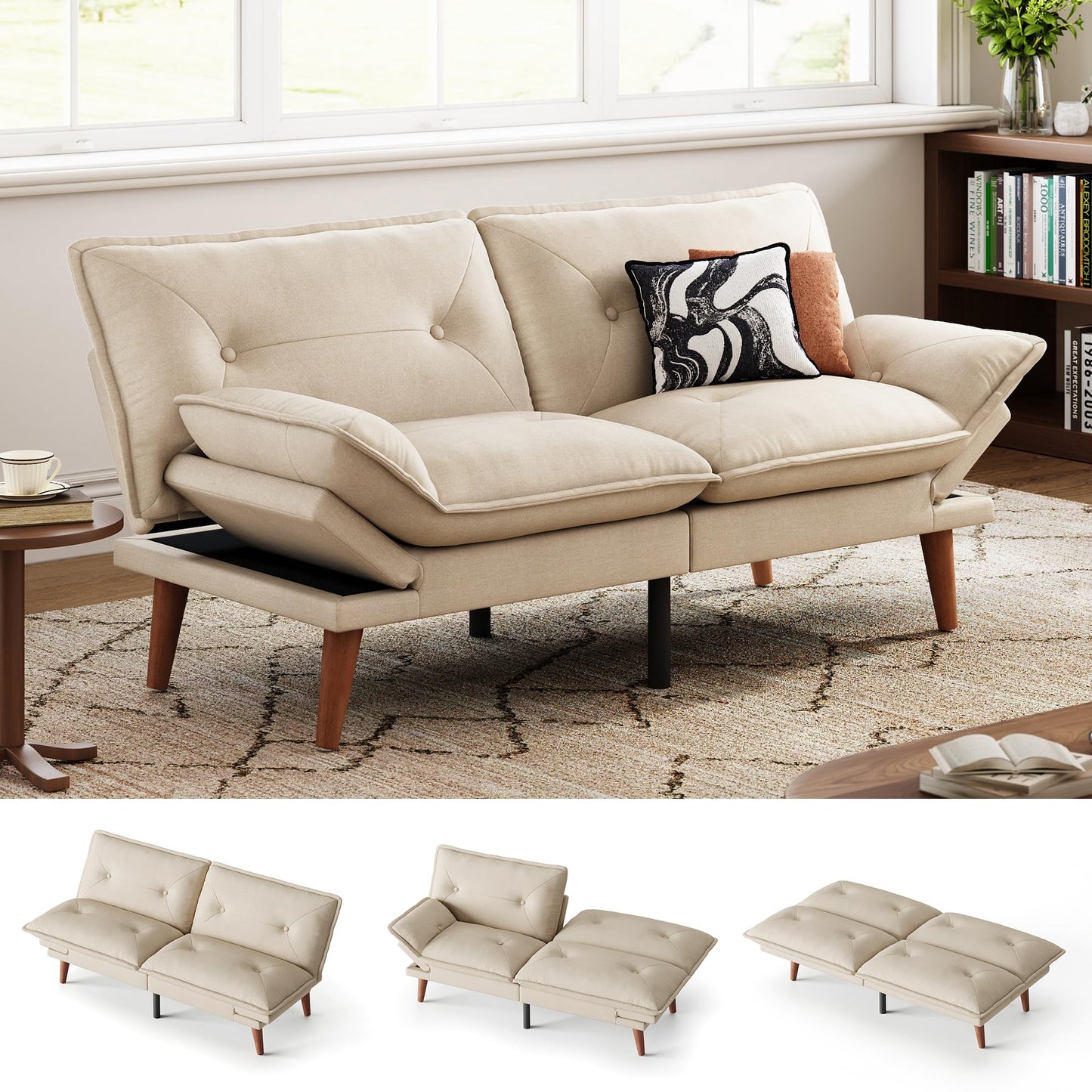 LINSY HOME Futon Sofa Bed, 70" Chenille Futon Couch with Adjustable Backrest Armrest, 3 in 1 Convertible Comfy Loveseat Sleeper Sofa Bed for Small Spaces Dorm Room Apartment Home Office(Khaki)