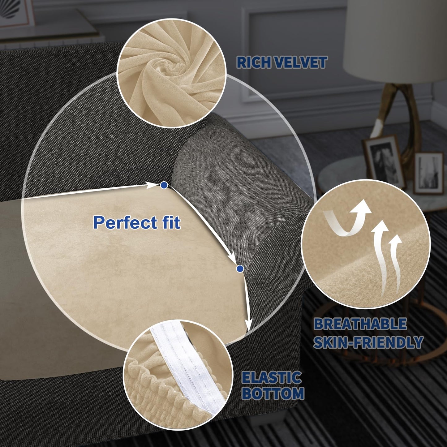 MAXIJIN Velvet Stretch Cushion Cover Fitted Couch Cushion Slipcovers 1 Pack Arm Chair Seat Cushion Cover for Individual Cushion Sofa Chair with Elastic Bottom (Chair Cushion, Camel)