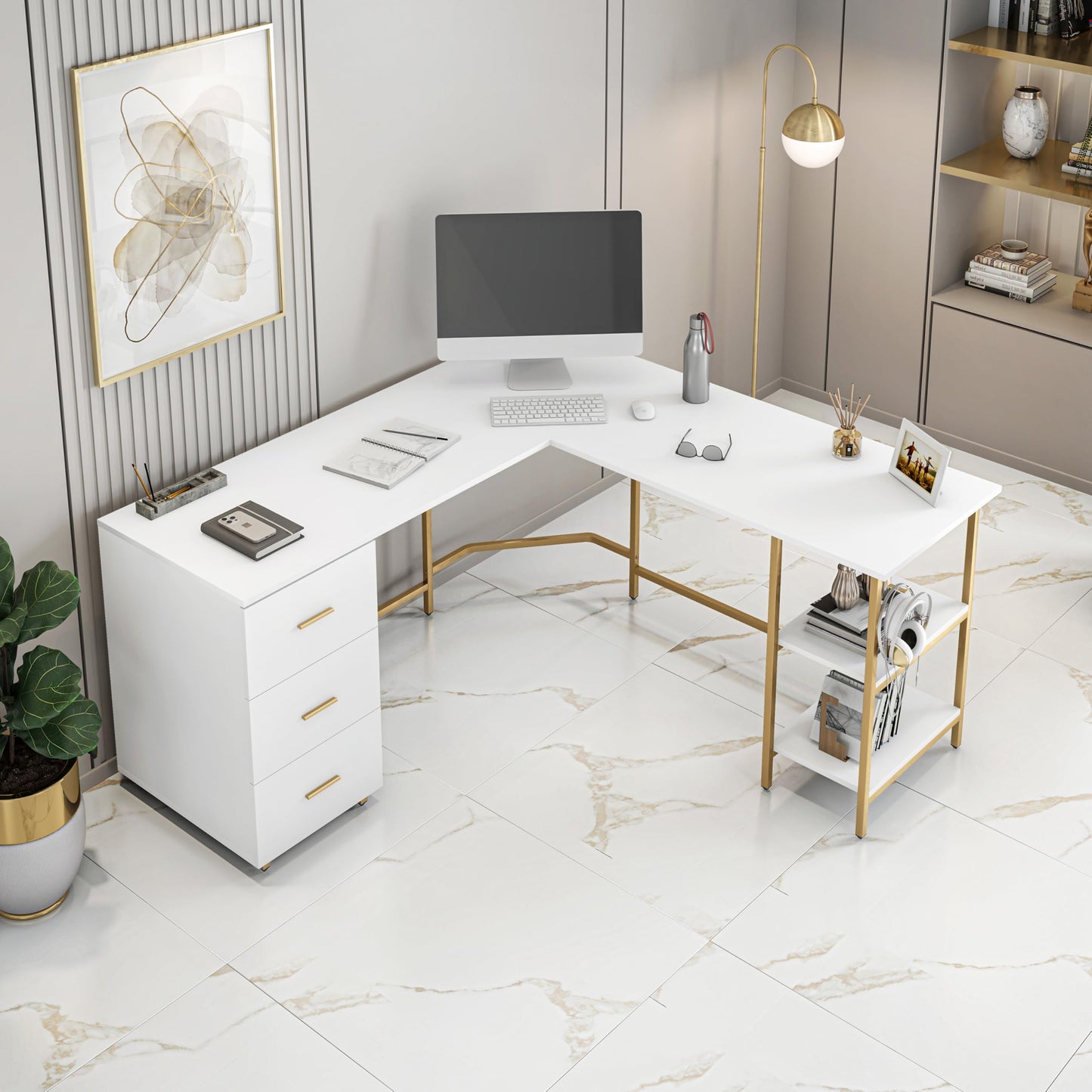 Techni Mobili L Shaped Desk - Two-Toned Computer Desk with Drawers & Storage Shelves - Simple Modern Furniture & Home Office Space Corner Table for Work & Writing