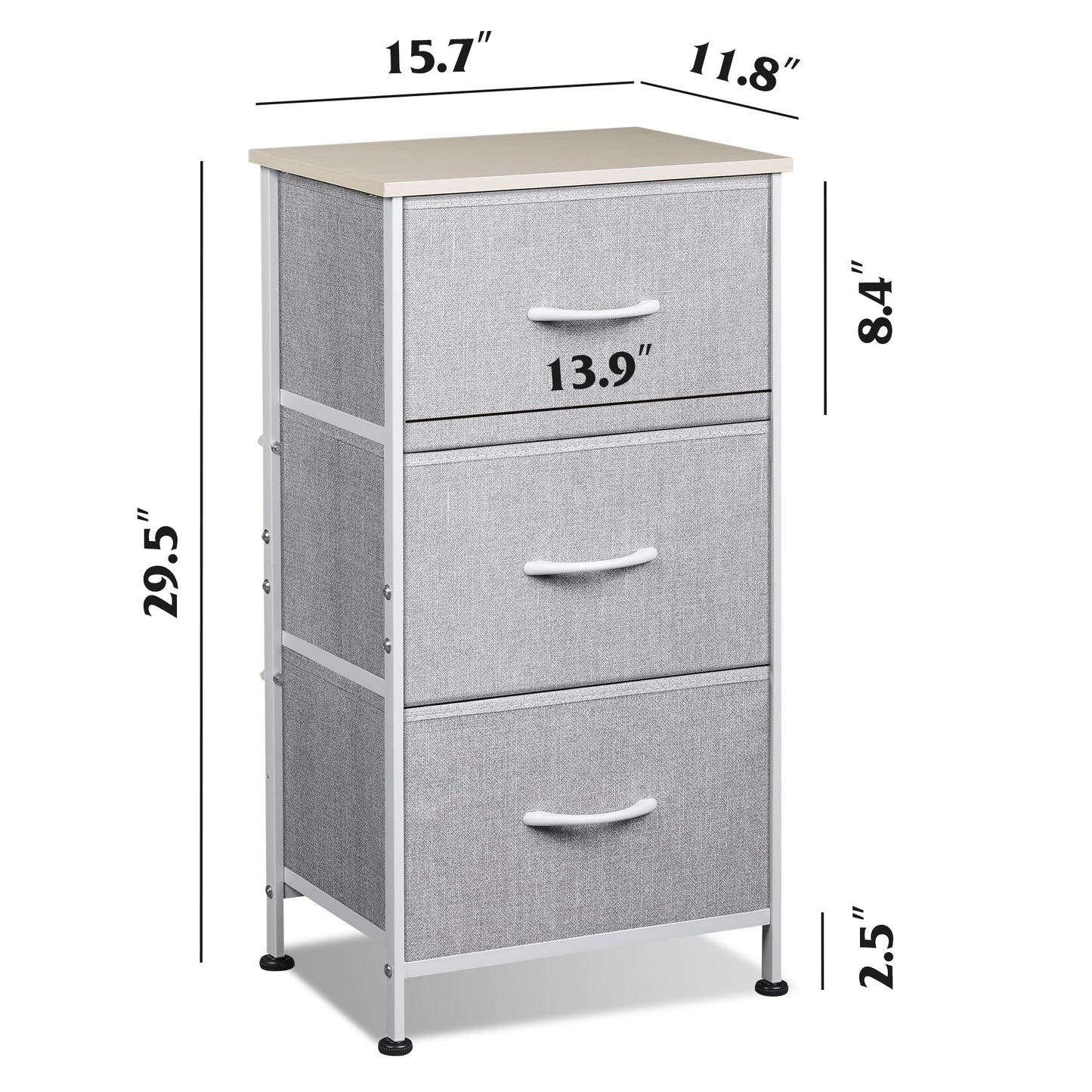 WLIVE Nightstand with 3 Drawers, Fabric Dresser, Organizer Unit, Storage Dresser for Bedroom, Hallway, Entryway, Closets, Sturdy Steel Frame, Wood Top, Easy Pull Handle, Light Grey