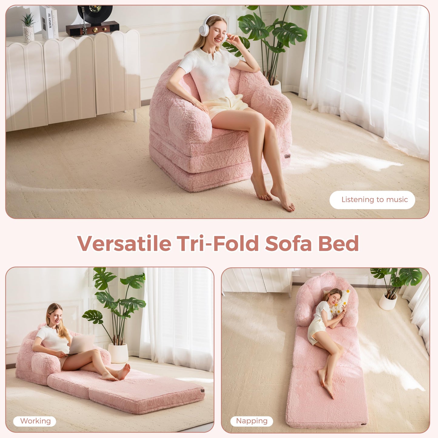 MAXYOYO Folding Sofa Bed, 2 in 1 Convertible Sofa to Lounger Comfy Single Bean Bag Chair for Adults, Floor Couch with Handle, Faux Fur Couch Bed for Living Room Bedroom, Pink