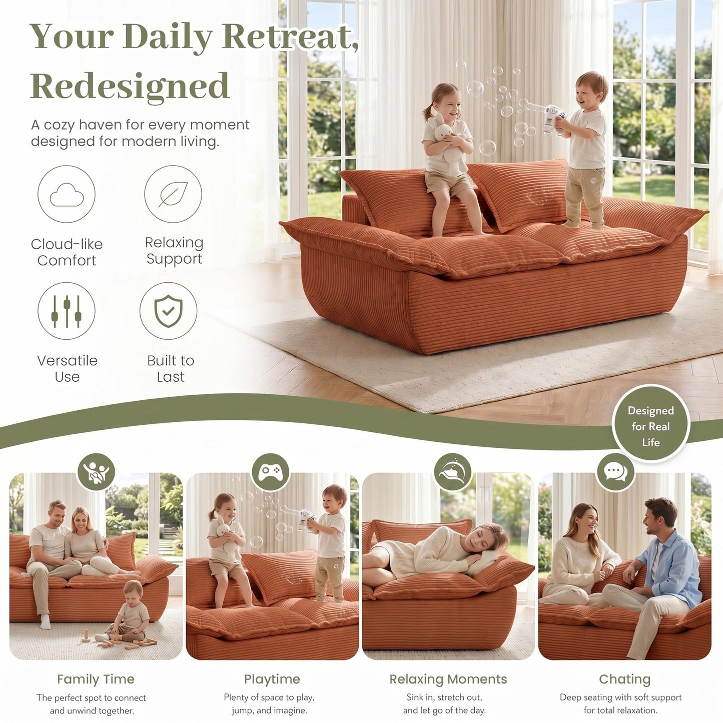 JUIKURY 55" Convertible Corduroy Sofa Bed, Boneless Foldable Loveseat Sleeper Couch, Compressed Foam Floor Sofa with Removable Cushions & Pillows for Small Space Living Room