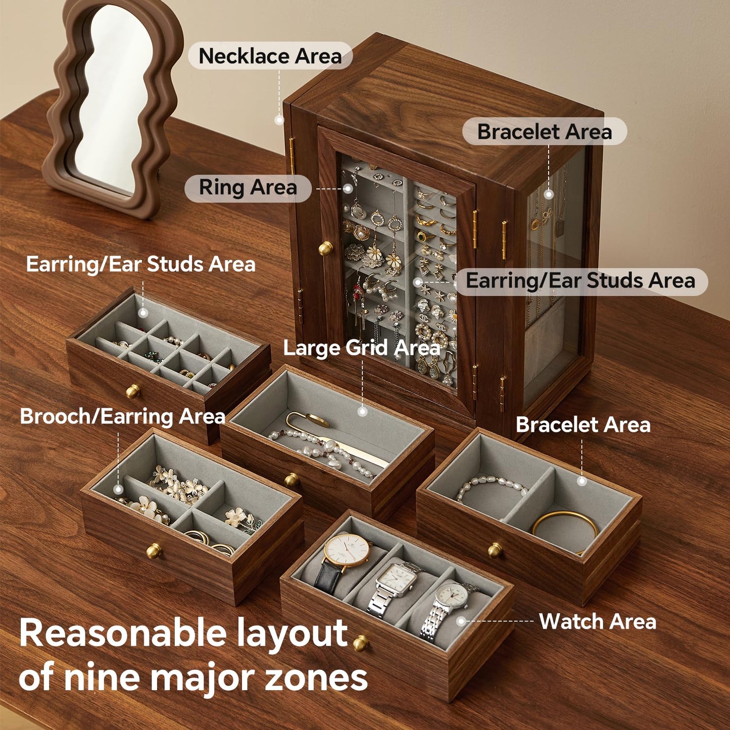 THFLSTR Wooden Jewelry Box for Women, 360 Rotating Design,Large Jewelry Organizer with Velvet Lining, 5 Drawers, Transparent Glass Doors, Black Walnut Wood Grain, Jewelry Storage Organizer
