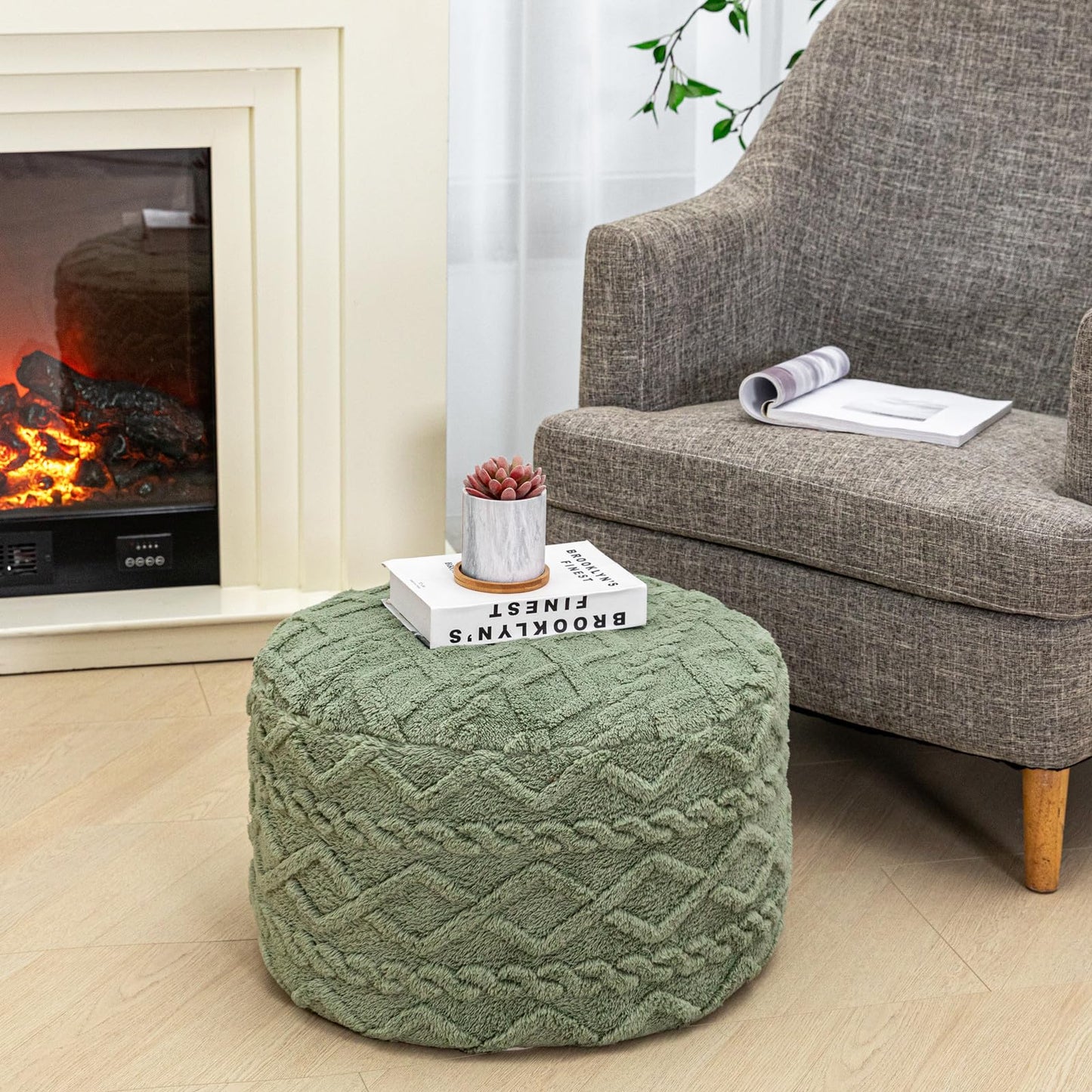 Poofieotto Round Pouf Ottoman Stuffed 20x12 Inches Floor Pouf Chair for Living Room Bedroom Modern Foam Pouf Ottoman Foot Rest for Couch Home Decor Pouffe Sage Green
