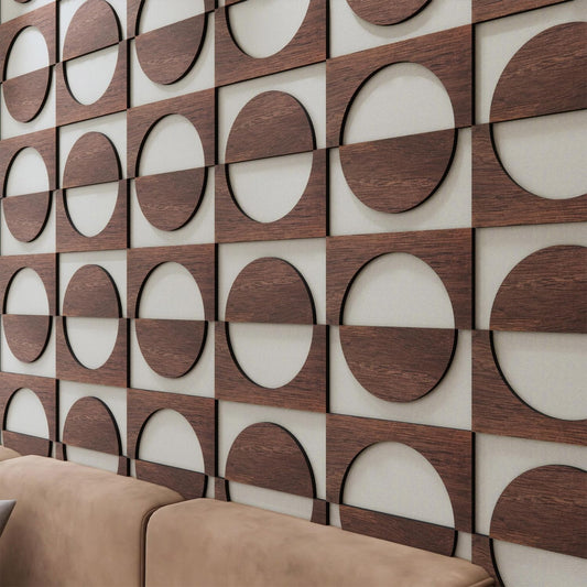 MidModArt 12PCS PVC Modular Decorative Fretwork Wall Panels for Living Room Lobby Bedroom, Half Circle-Walnut Faux Walnut Wood Texture