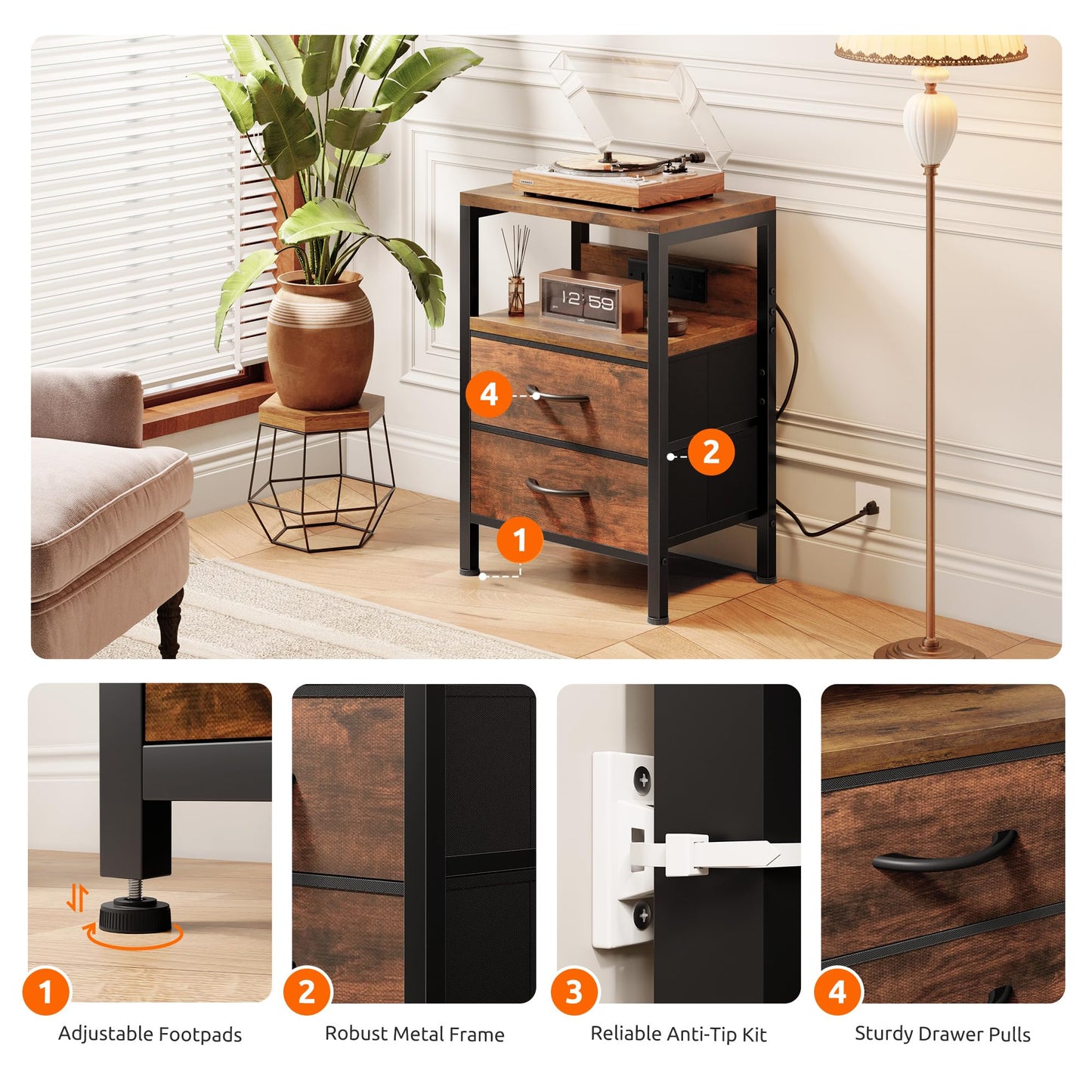 Lazzanto NightStand Bedside Charging Table Bedroom - Brown Night Stand with Charger Station, Modern Bed Side End Table with Open Shelf & 2 Fabric Drawers, USB-C Port for Dorm, Living Room