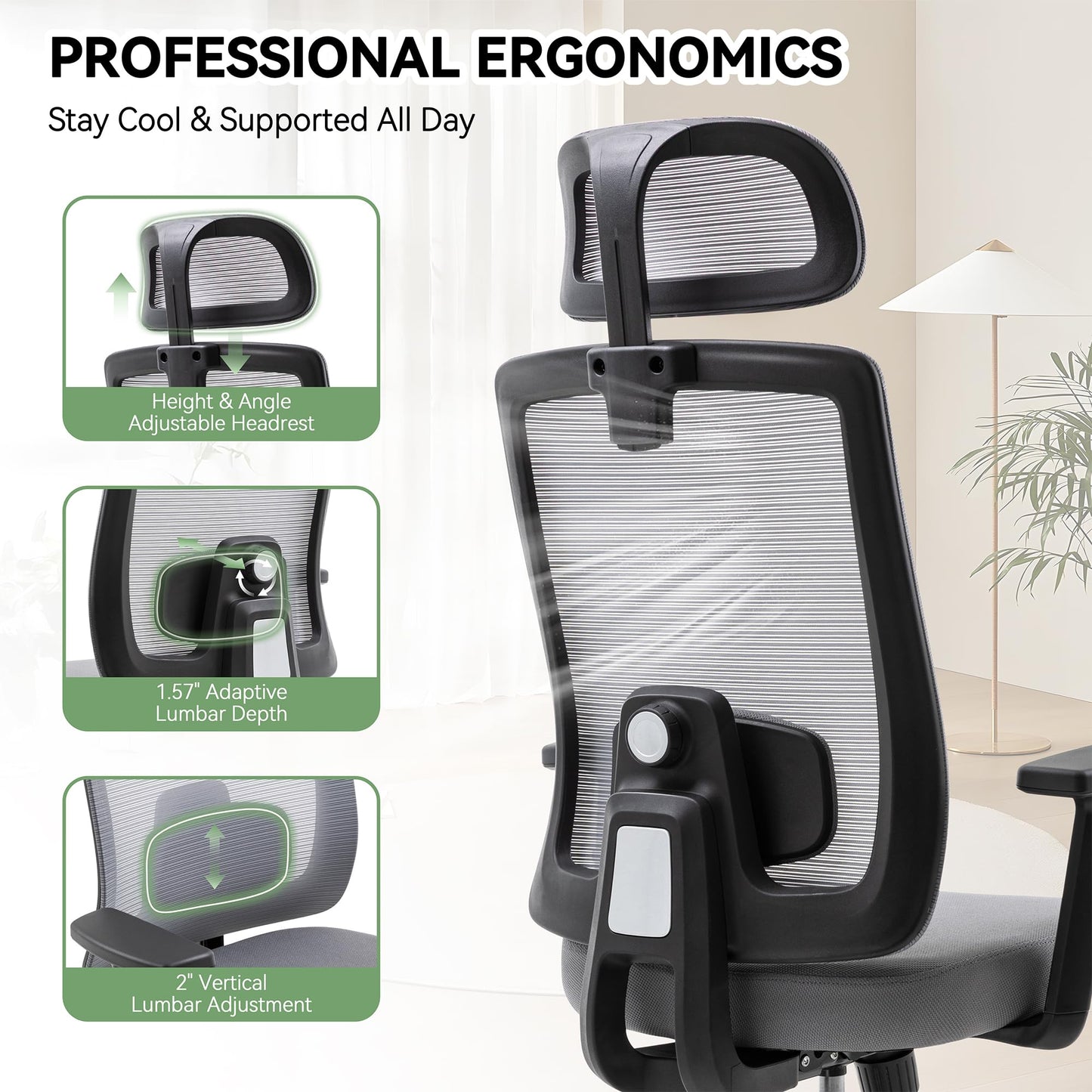 Meilocar Ergonomic Office Chair, Office Desk Chair with High Back Mesh and Adjustable Lumbar Support, Rolling Work Chairs with Wheels and Adjustable Headrests, Wide Cushion, Grey