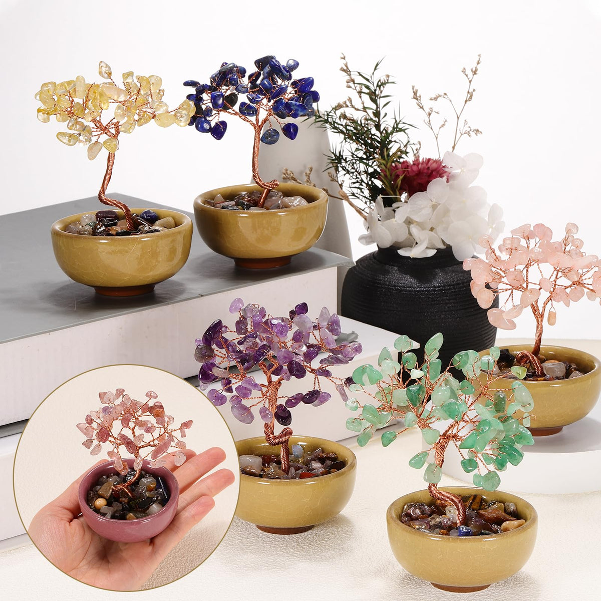 MECCANIXITY 7 Chakra Crystal Tree of Life, Natural Amethyst & Citrine Gemstone Tree Handmade Feng Shui Bonsai with Agate Base for Positive Energy, Good Luck, Home Office Decor (4 x 2.4 Inch)