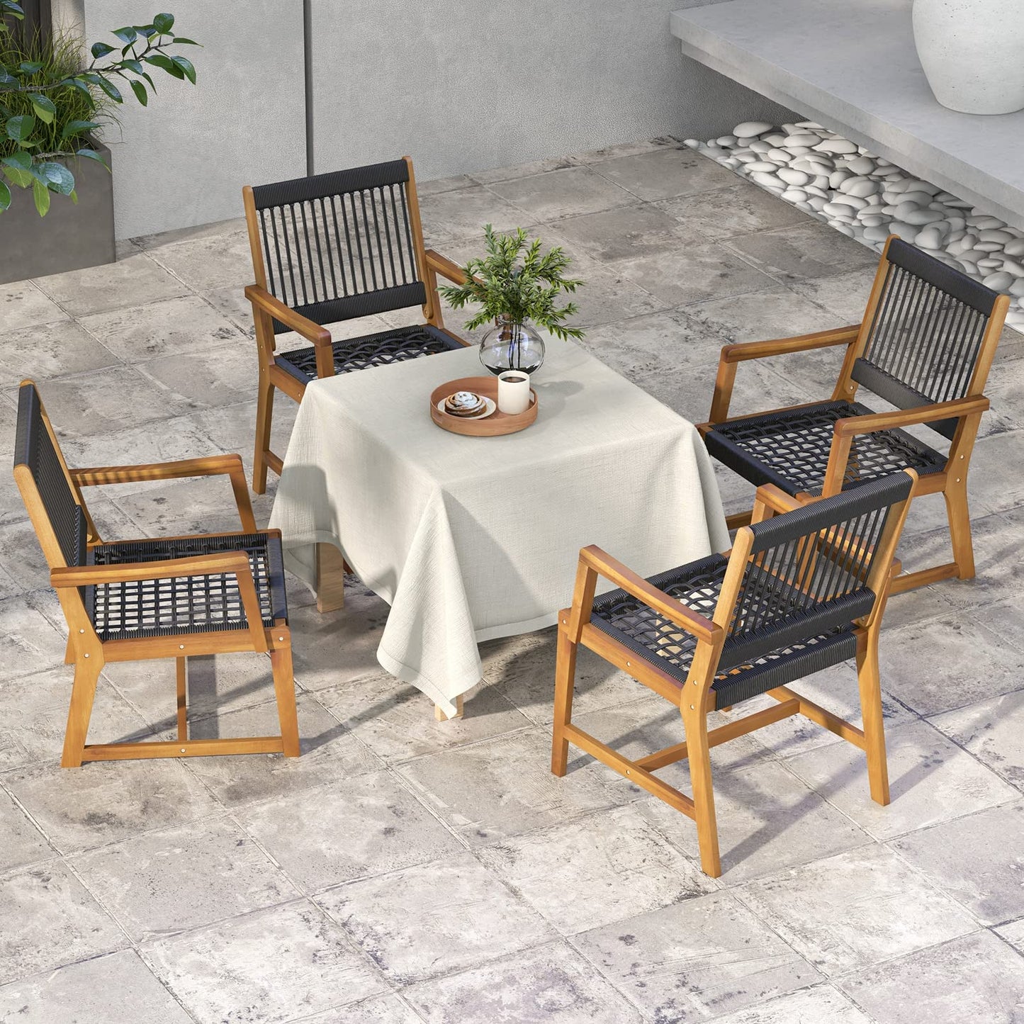 Tangkula Outdoor Acacia Wood Dining Chairs Set of 2, All-Weather Rope Woven Patio Chairs with Armrests, Outdoor Armchairs for Patio, Lawn, Garden, Backyard (1)