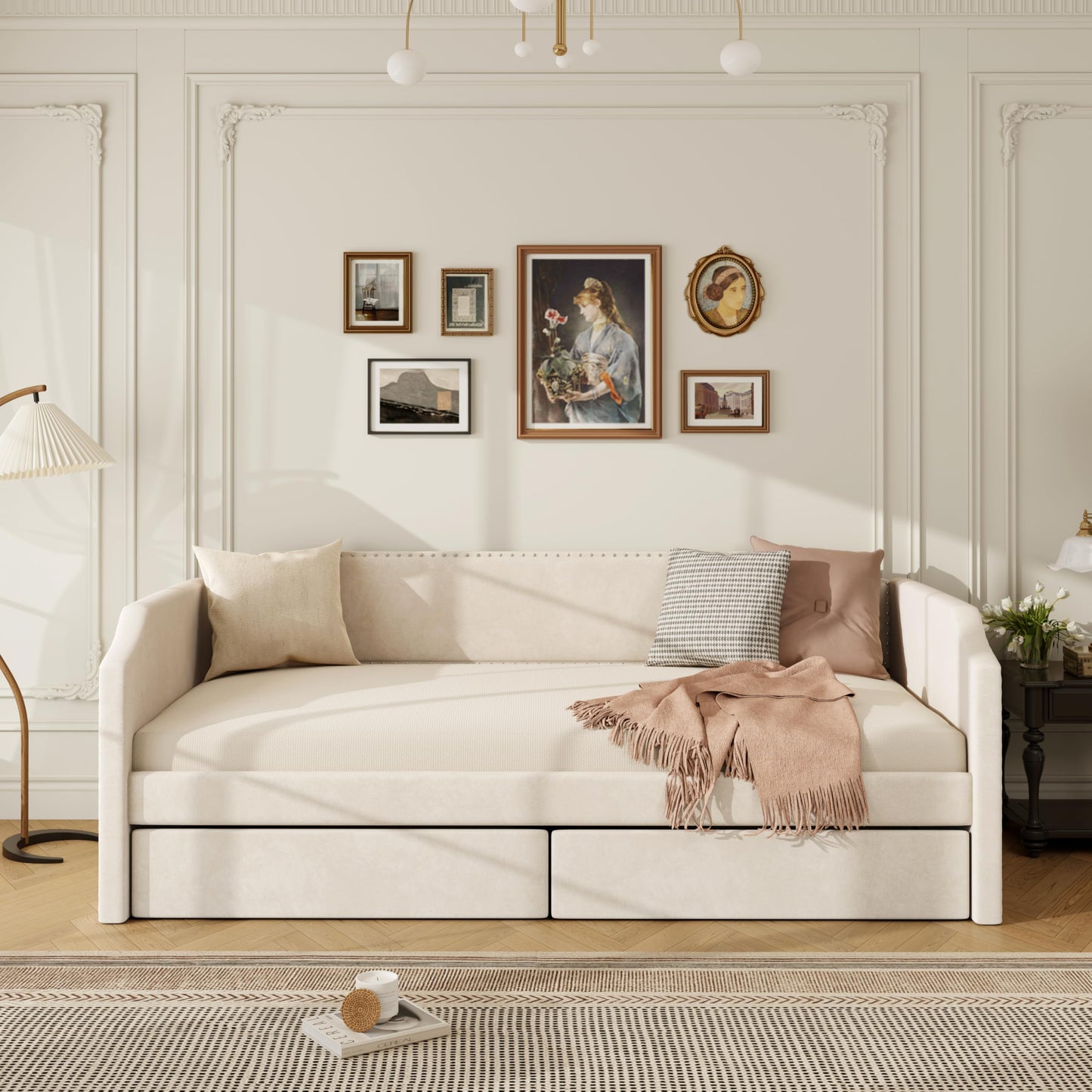 GDFStudio Twin Size Velvet Upholstered Daybed with Pop Up Trundle, Upholstered Sofa Bed Frame with Pull Out Trundle, Space Saving Daybed with Soft Velvet Finish, Beige