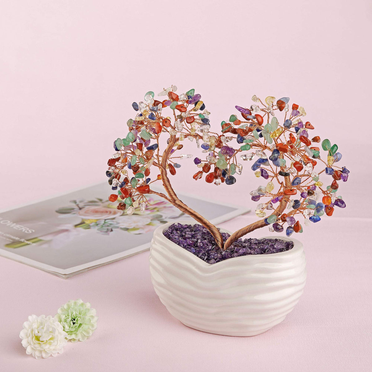 GEHECRST 7 Chakra Healing Crystal Tree Heart Shape Crystal Gemstone Bonsai Money Tree Feng Shui Crystal Ornament for Home Office Desk Decor Good Luck Crystals Gifts for Mom Christmas Day Her Women