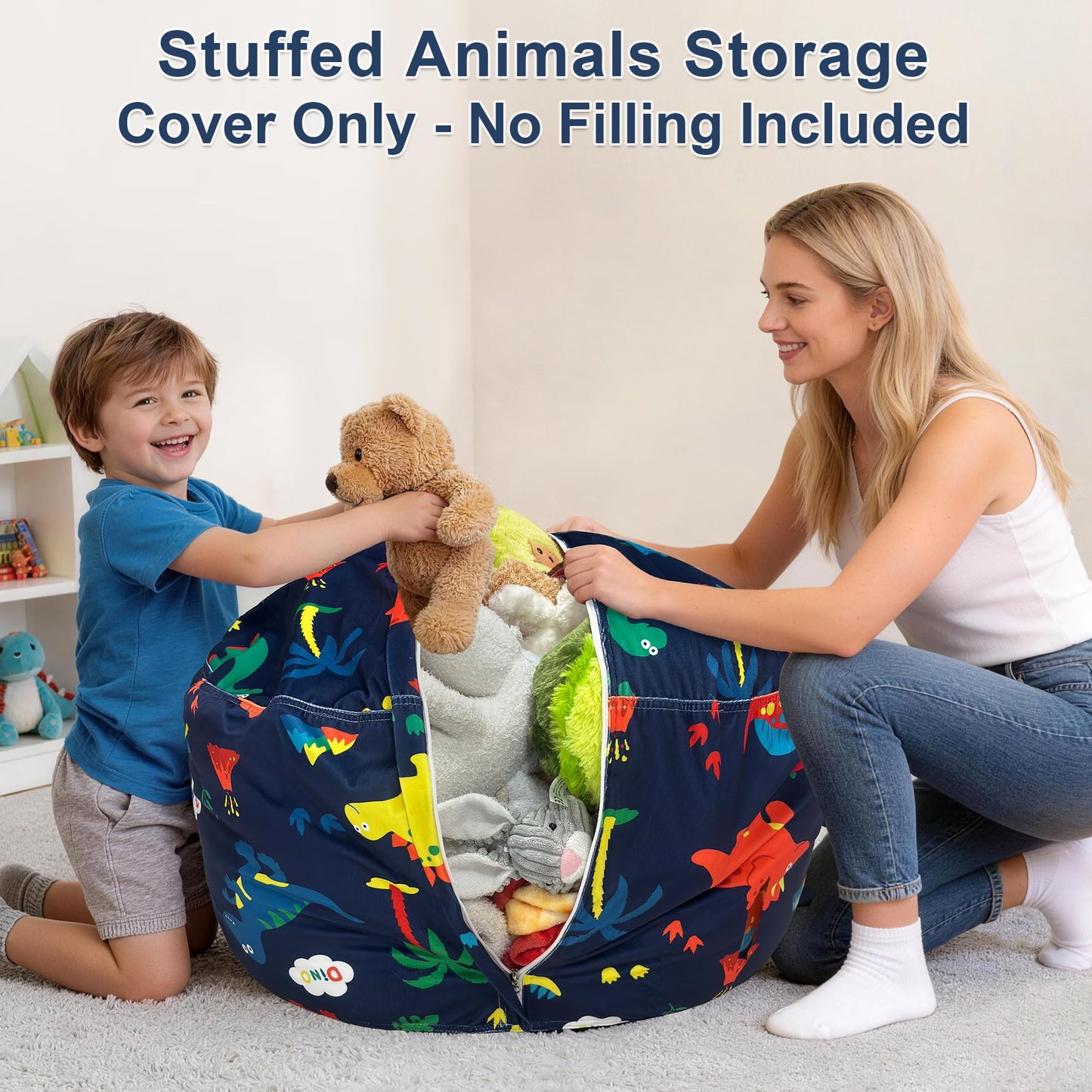 Lukeight Dinosaur Stuffed Animals Storage Bean Bag Chair Cover for Kids Toddlers, Cozy Velvet Plush Toy Organizer Seat, Cover Only, No Filling Included, Long YKK Zipper, Side Pocket, Large 27 x 16 in