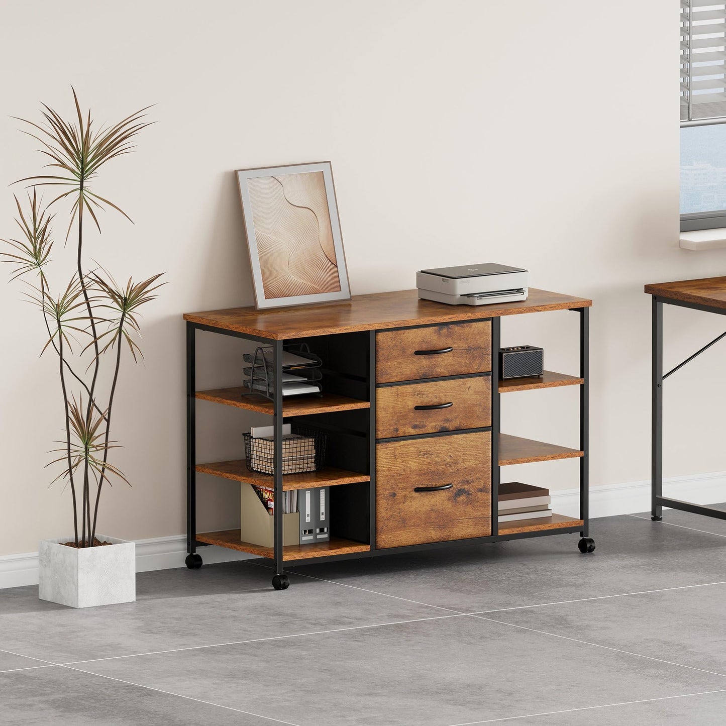 YeTom Mobile File Cabinet,Lateral Filing Cabinet with 3 Fabric Drawers,Rolling Printer Stand with 4 Open Storage Shelf for Home Office,Rustic Brown