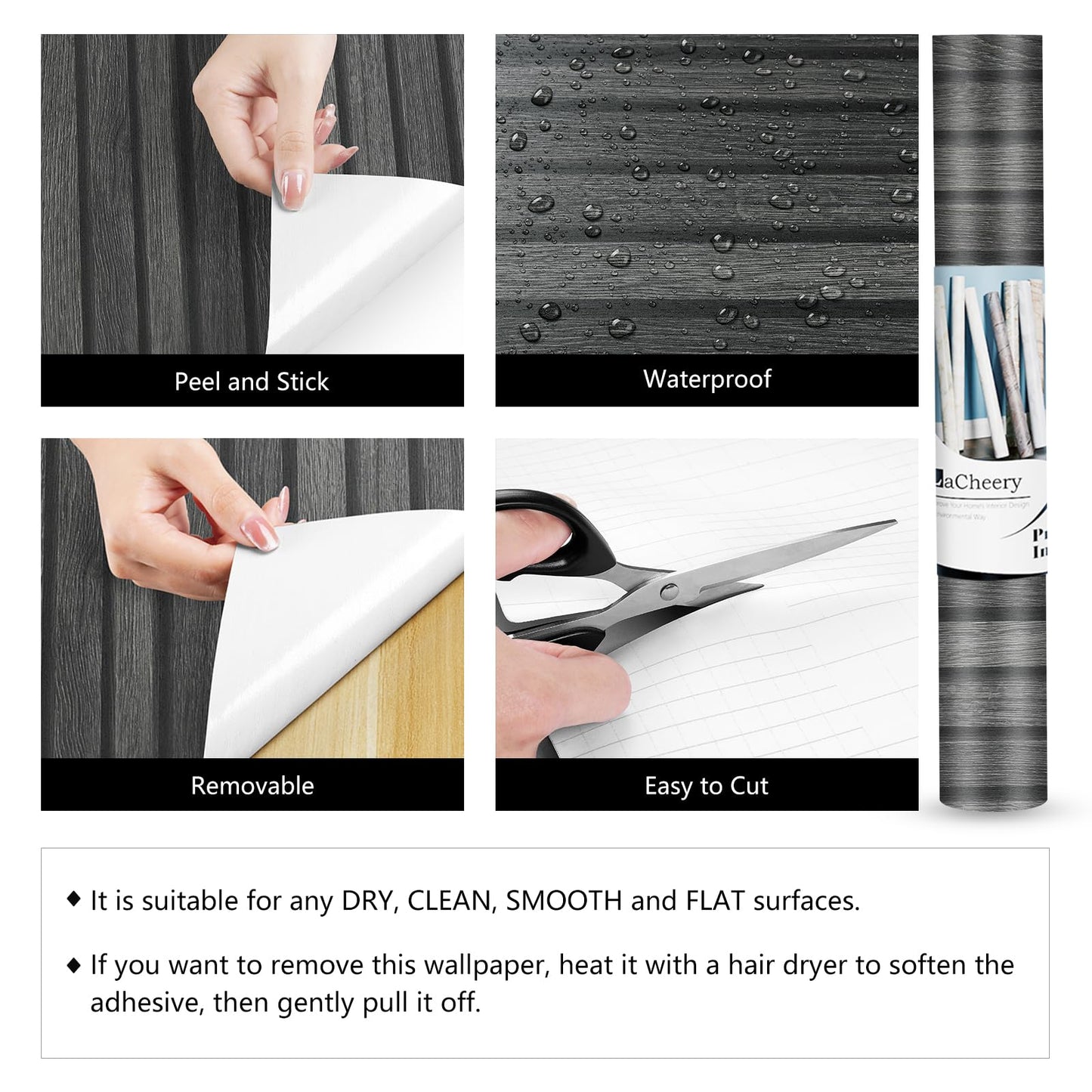 LACHEERY Black Wood Panel Wallpaper Peel and Stick 3D Wood Slat Wall Paper Black Wooden Slats Panels for Wall Cabinets Removable Contact Paper Self Adhesive Oak Slat Panel Roll Decorative 15.8"x80"