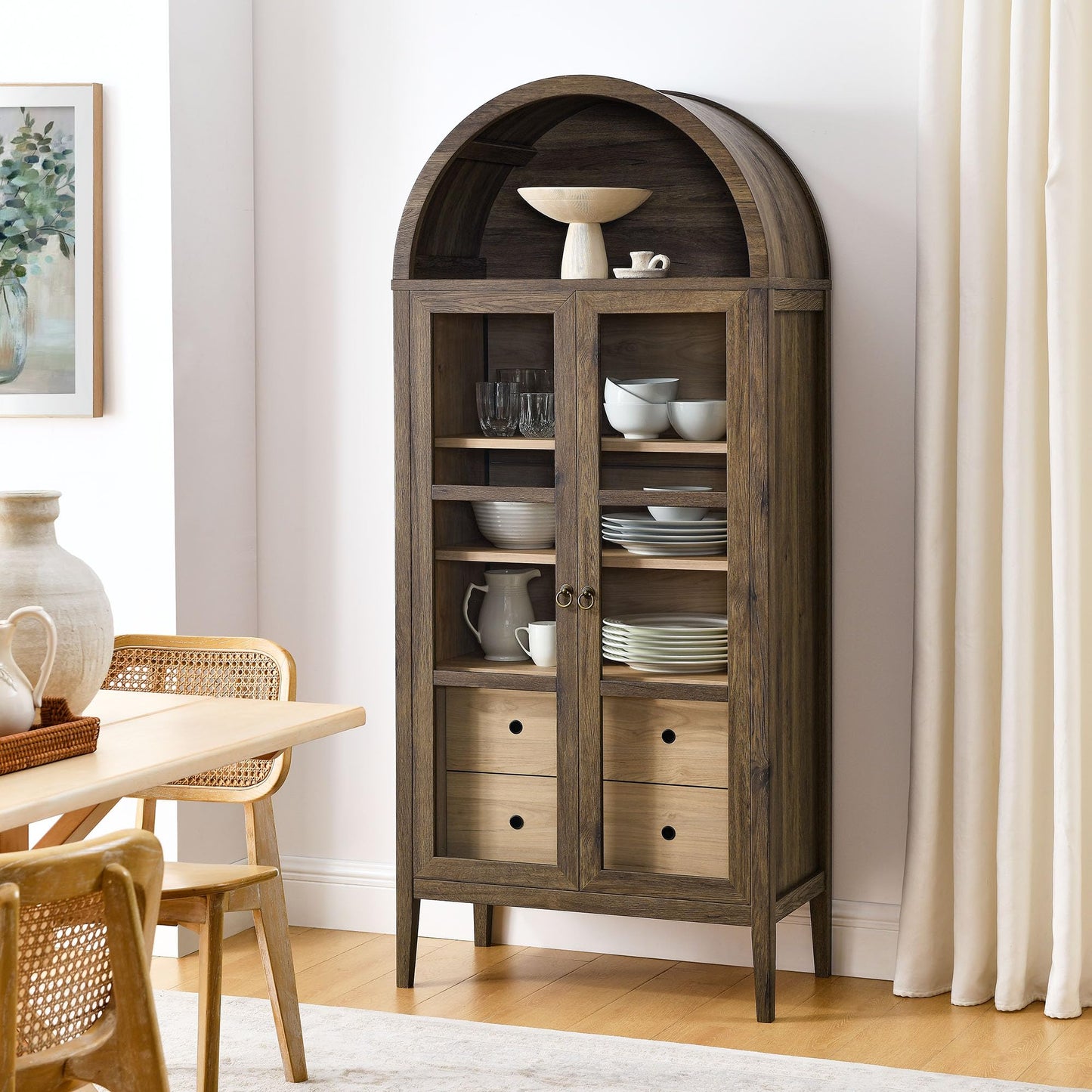 Modway Nolan Modern Farmhouse 71 Inch Tall Arched Storage Display Cabinet in Walnut Hickory Wood Grain - 4-Tier Bookcase with Glass Doors and Shelves - Arch Accent Cabinet for Living Room