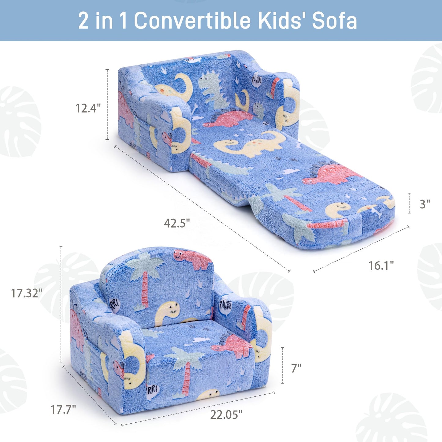 aodisman Thick Comfy Kids Chair and Couch, 2-in-1 Soft Foldable Plush Kids Sofa, Foam Seating for Reading and Play, Removable Washable Cover, Blue Dinosaur