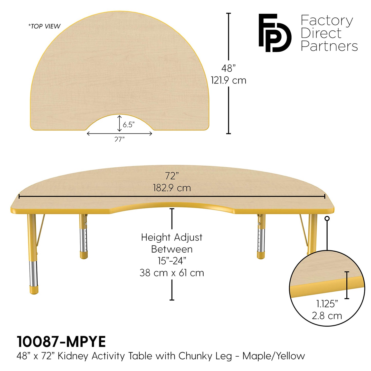 Factory Direct Partners 10087-MPYE Kidney Activity School and Classroom Kids Table (48" x 72"), Toddler Legs, Adjustable Height 15-24" - Maple Top and Yellow Edge