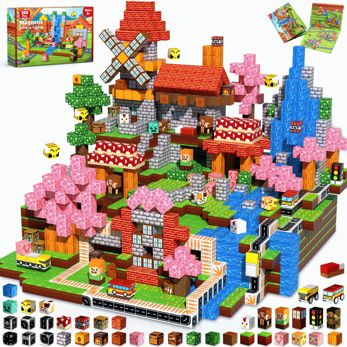 300 PCS Magnetic Blocks - Magnetic Building Block, Stacking Magnet Building Cubes for Kids, Magnetic Construction Toy for Boy Girl, STEM Montessori Sensory Toy Ages 3-12 Years Old Birthday Gift