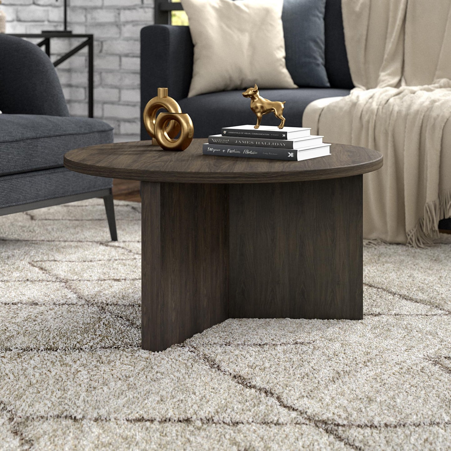 Henn&Hart 32" Round Pedestal Coffee Table for Living Room, Family Room, Office, or Apartment, Rich Brown