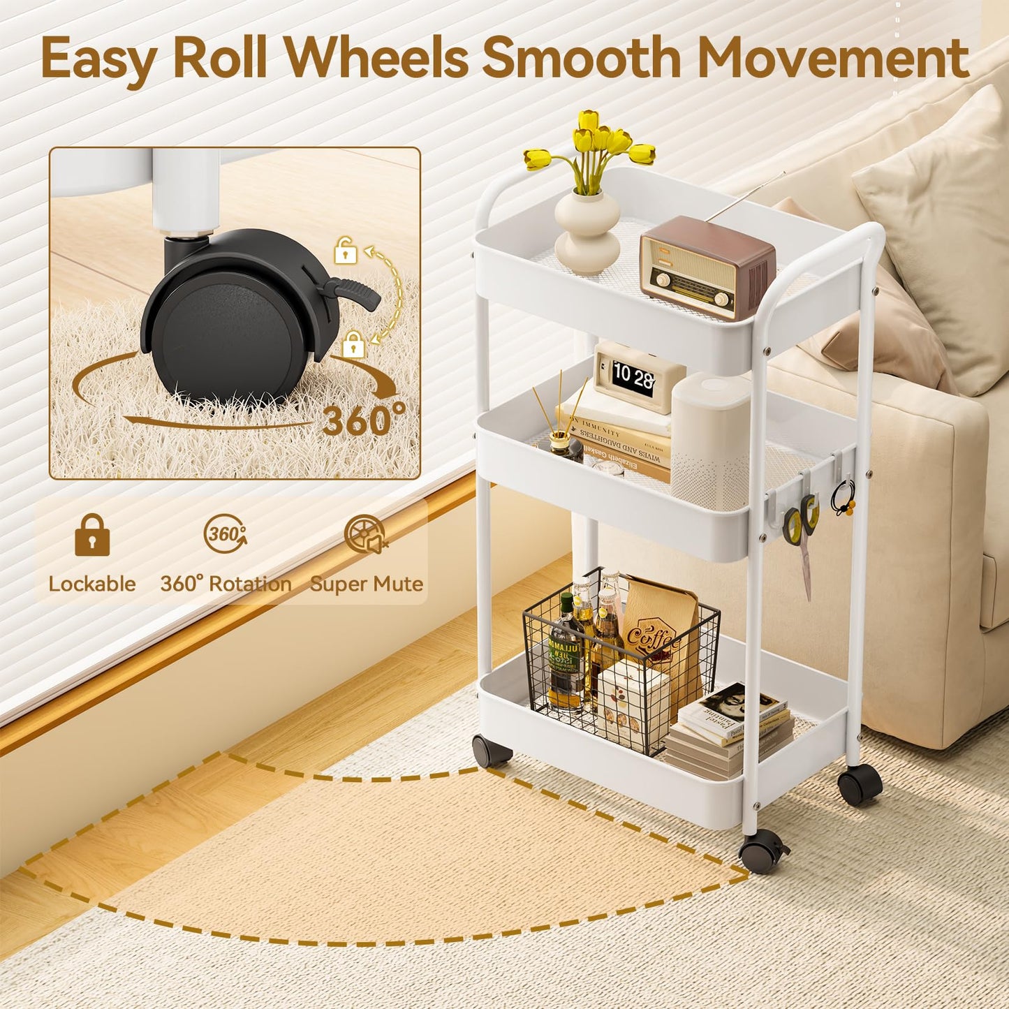 YASONIC 3-Tier Metal Rolling Cart, Sturdy Storage Utility Carts with Wheels, Multifunction Craft Art Organizer for Bedroom, Laundry, Garage, Office, Nursery, Bathroom, Easy Assembly (White)