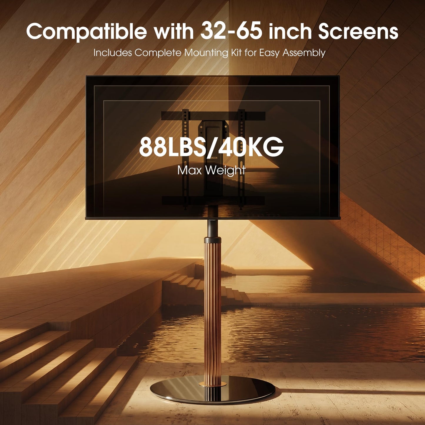 AOKCOS Aluminum Grille Floor TV Stand for 32-65 inch TVs up to 88lbs, Swivel and Tilt TV Mount with Glass Base, Height Adjustable TV Stand for Living Room Bedroom