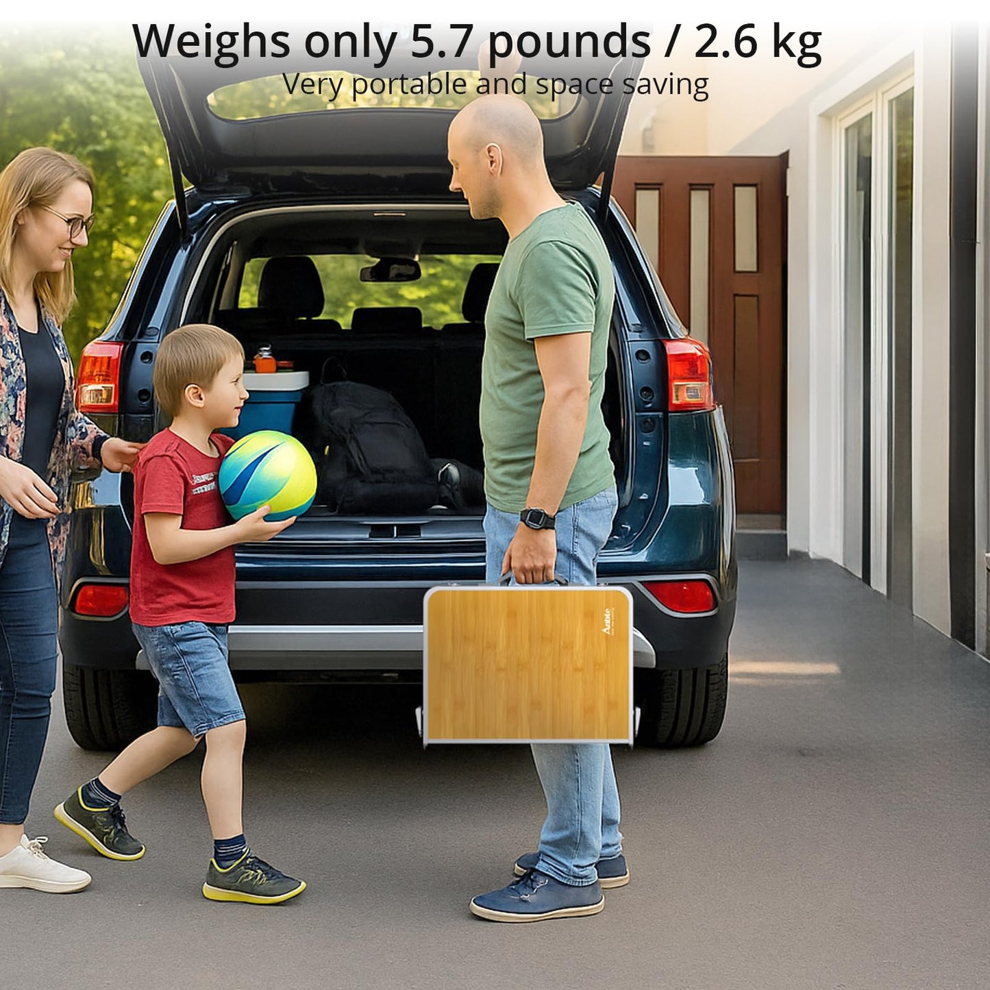 Anbte 2ft Camping Table Foldable, 3 Adjustable Heights High 27.5" Aluminum Small Folding Table with Carrying Handle, Portable, for Outdoor Indoor Picnic Beach BBQ Travel, 24" x 16", Light Oak Grain