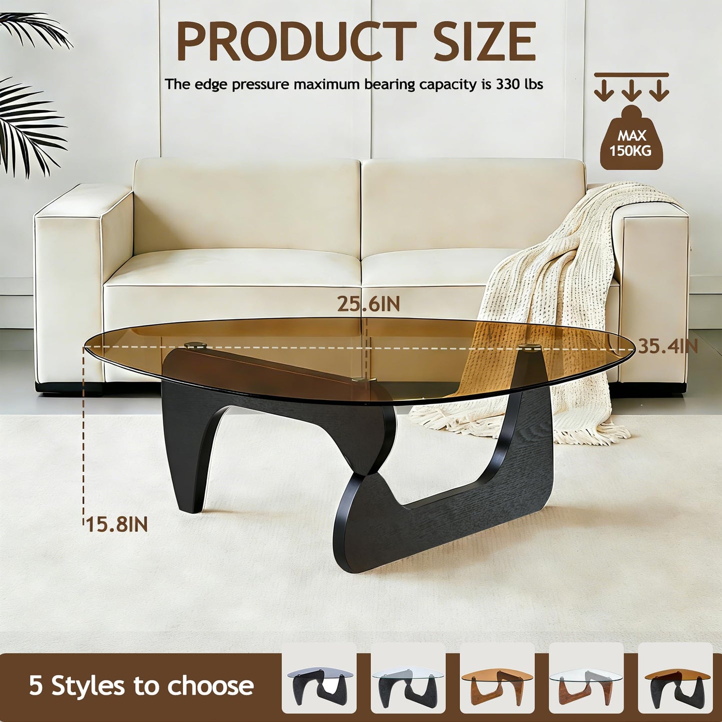 Small Coffee Table, Mid Century Modern Black Coffee Table for Living Room, Abstract Center Tables with Brown Tempered Glass Top, Minimalist Tea Cocktail Tables, Easy Assembly