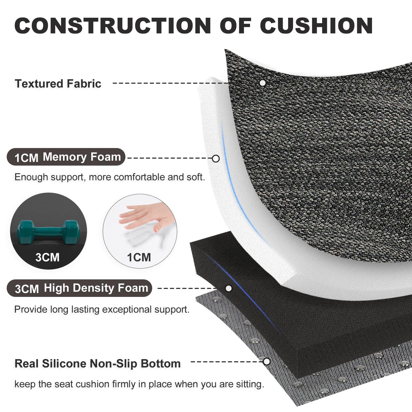 baibu Set of 2 Memory Foam Rectangle Bar Stool Cushions, Dual-Layer Non-Slip Dining Chair Pads Kitchen Bench Stool Cushions with Machine Washable Cover - Only 2 Pads (Black, 15.7×11.8×1.5in)