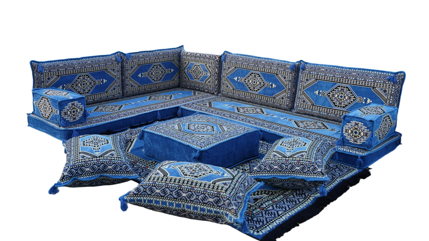 L Shaped Arabic Floor Cushions, Sectional Sofas, Arabic Majlis Set, Custom Made Sofa, Arabic Sofa Set, Seating Cushions (4'' Thickness Sofa, L Sofa Full Set, Blue)